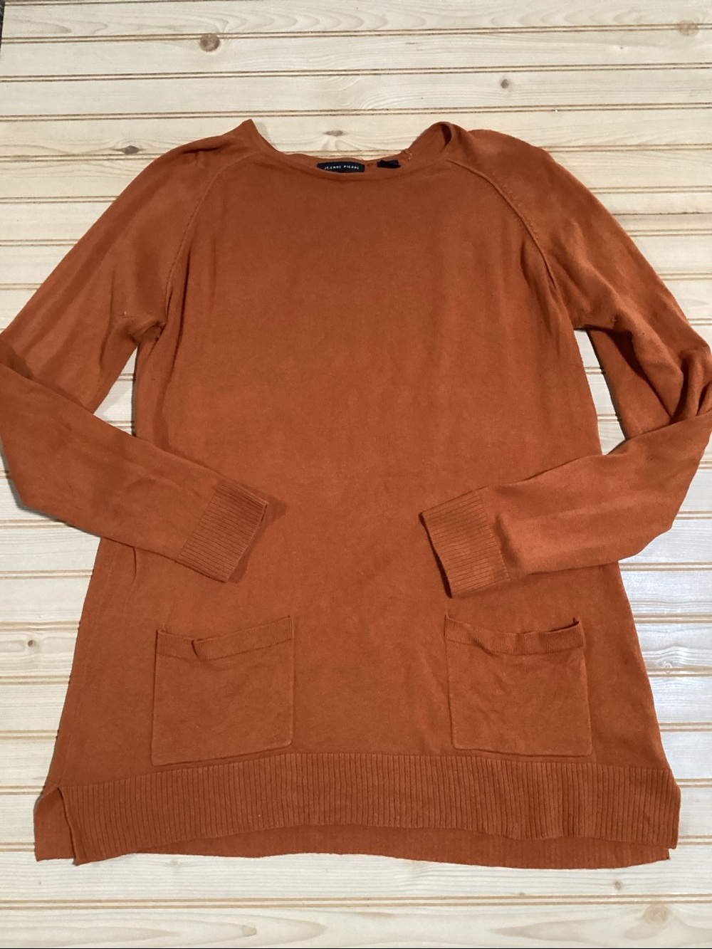 Jeanne Pierre 100% Cotton Pumpkin Rust Brown Long Sleeve Pocket Tunic Sweater L